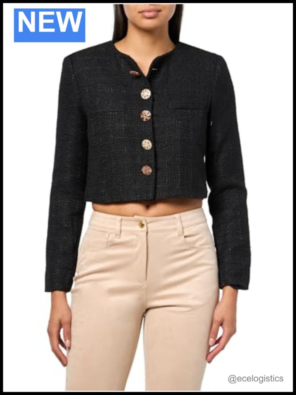 Women's Cropped Wool Blend Tweed Jacket with Jeweled Buttons